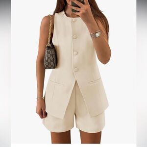 Cream Sleeveless Blazer and Shorts Set